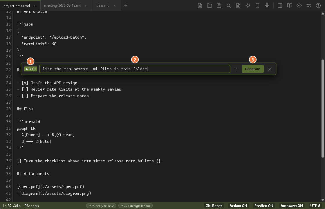 The command bar in AI mode (Ctrl+E, then Tab), with the AI CLI badge and a plain-language request typed in