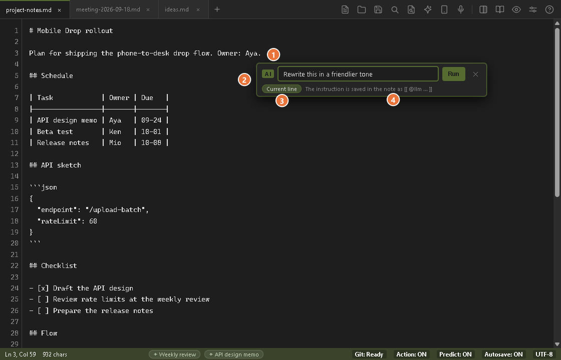 The ask bar opened by Ctrl+Enter on an ordinary sentence: an instruction is typed, the chip says Current line, and the hint says the instruction is saved in the note as [[ @llm ... ]]