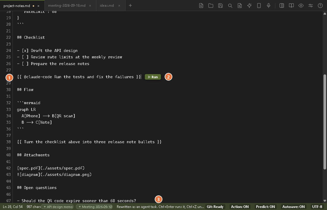 A note where Ctrl+Enter rewrote the line Run the tests and fix the failures into {{ @claude-code ... }}, with a Run button next to it and a message in the status bar