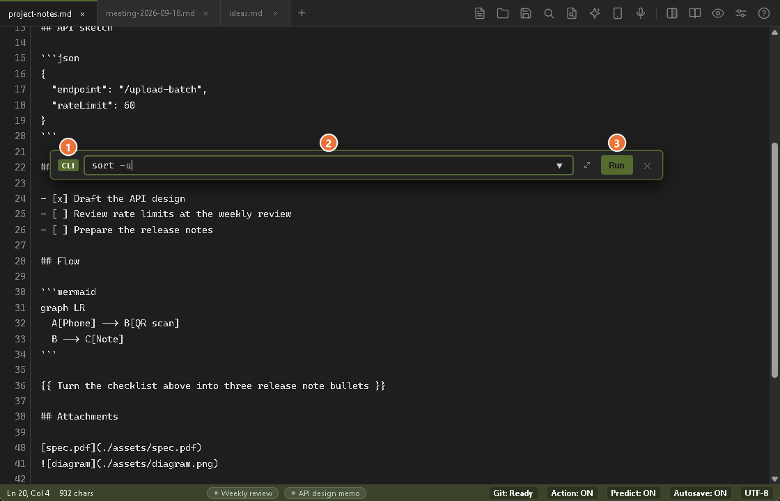 The command bar opened with Ctrl+E in CLI mode, with sort -u typed in
