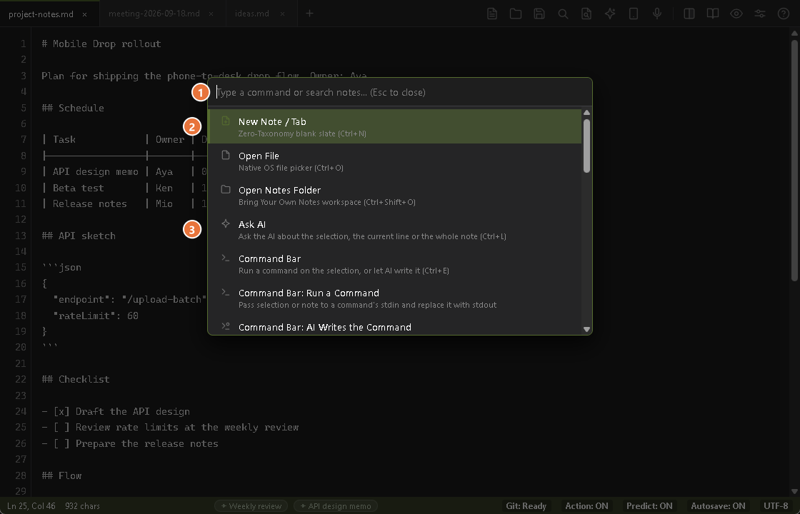 The command palette opened with Ctrl+Shift+P, listing New Note, Open File, Open Notes Folder, Ask AI and the Command Bar entries