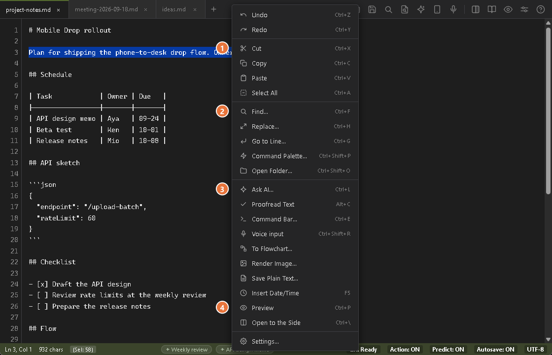 The right-click menu opened on a selected line