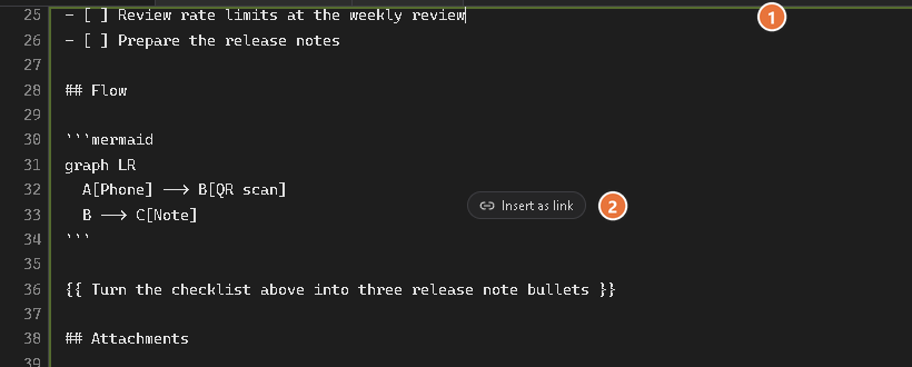 A file being dragged over the editor: the editor frame pulses and an Insert as link badge follows the pointer