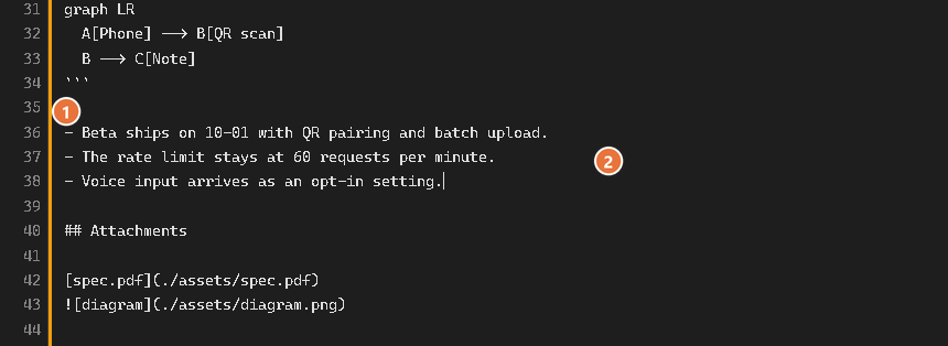 The editor right after an agent result was inserted, with a 3 px amber line on its left edge