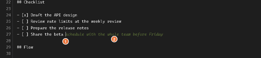 A grey ghost-text suggestion after the caret while a new checklist item is being written