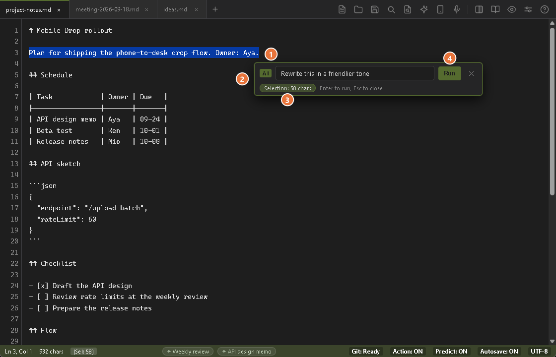The Ask AI bar opened with Ctrl+L: a small bar under the selected line with an instruction typed in and a chip that reads Selection: 58 chars