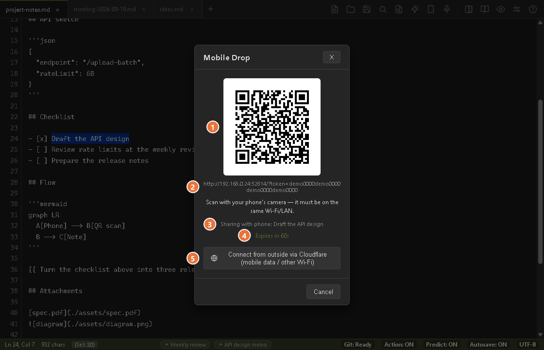 The Mobile Drop dialog on the PC: a QR code, the pairing address, the selection shared with the phone, and the countdown