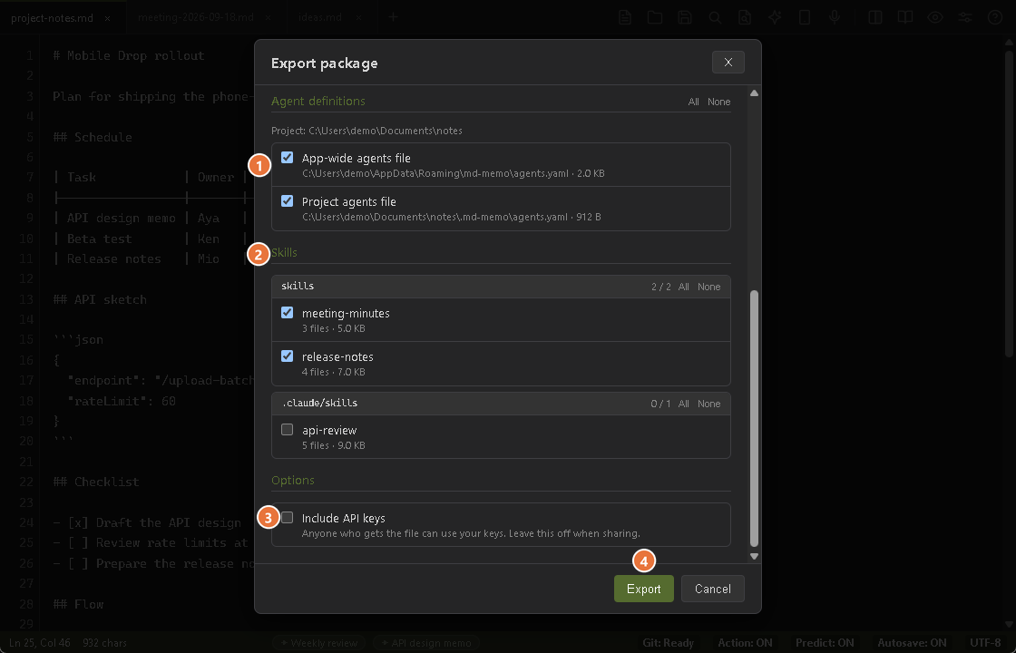The same dialog scrolled to the bottom: the two agent definition files, project skills grouped by folder, the unticked Include API keys option and the Export button
