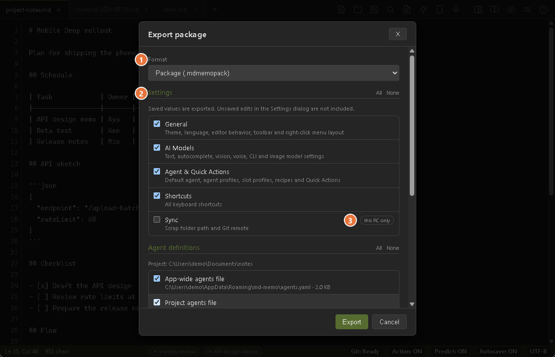 The top of the Export package dialog: a format list and one checkbox per settings section, with Sync marked this PC only