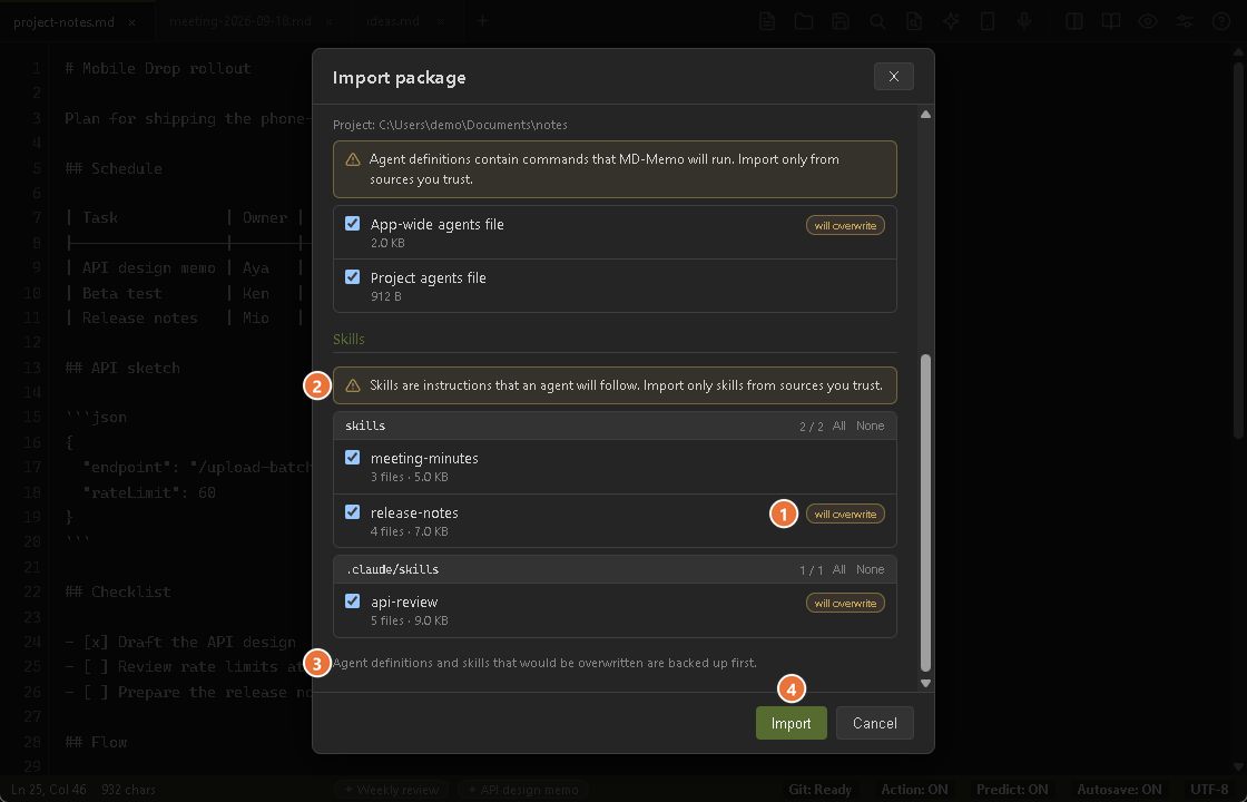 The same dialog scrolled to the bottom: will-overwrite badges on an agents file and on skills, the warning about skills and the backup note
