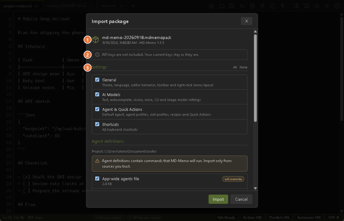 The top of the Import package dialog: the package file name and date, the note that API keys are not included, and the settings sections