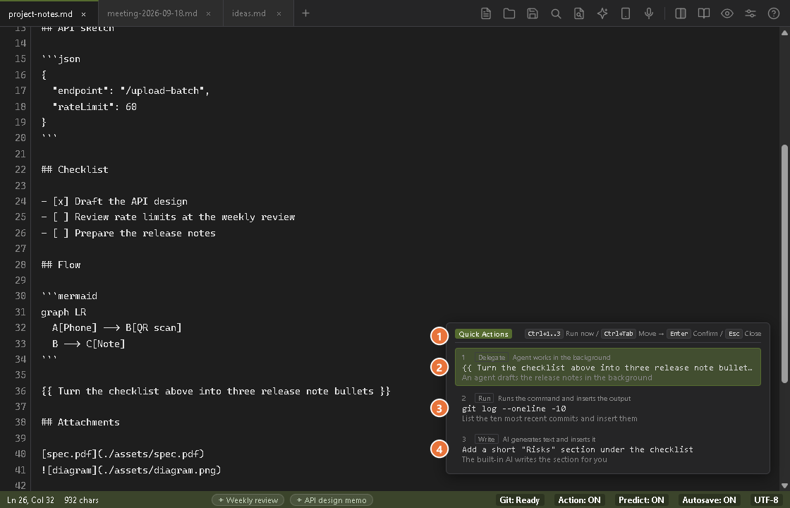 The Quick Actions panel opened with Ctrl+J, with three suggestions: delegate to an agent, run a command, and write text