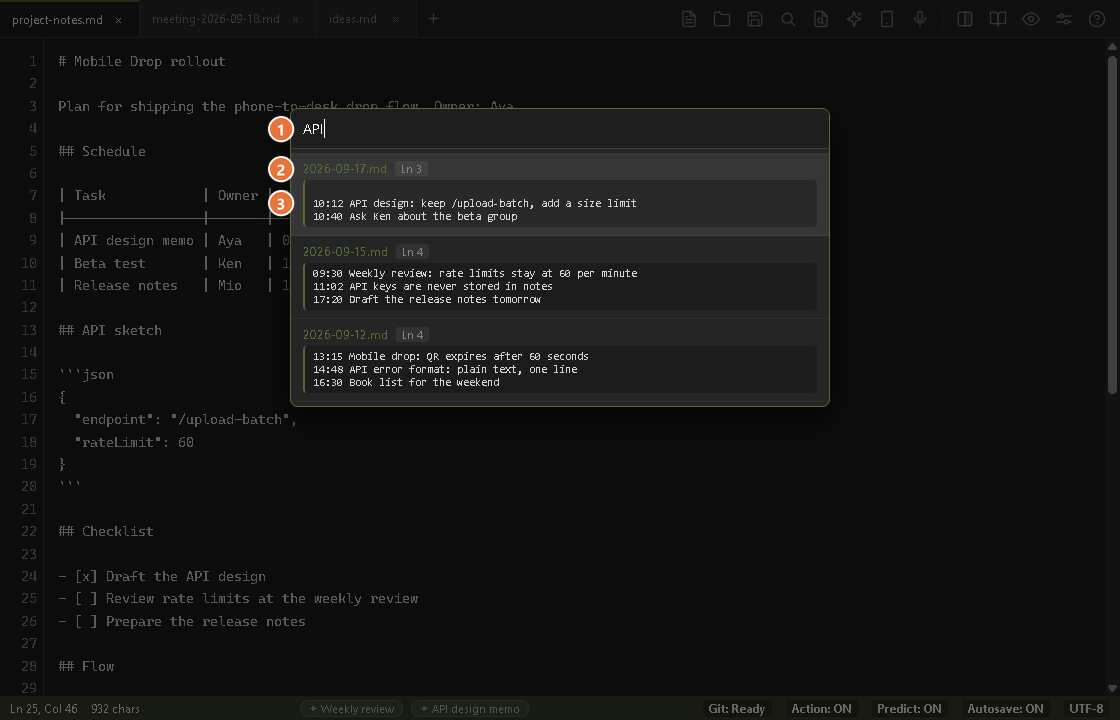The scraps search opened with Ctrl+Shift+F, showing the query API and its results