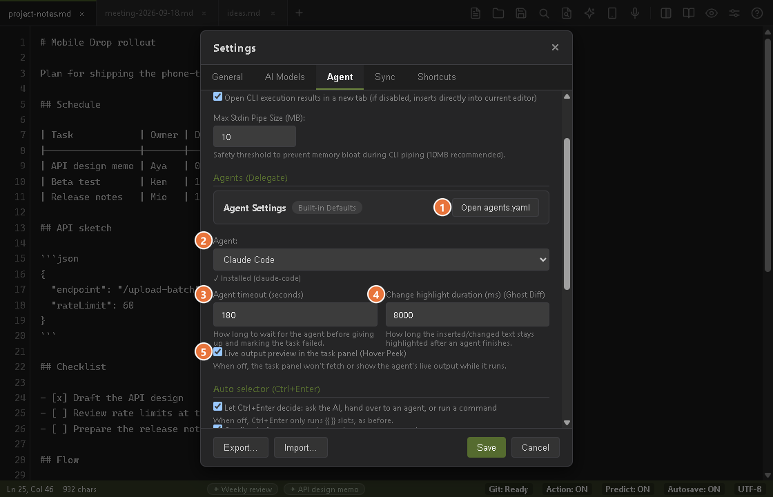The Agent tab of the settings screen, with command, agent and suggestion settings