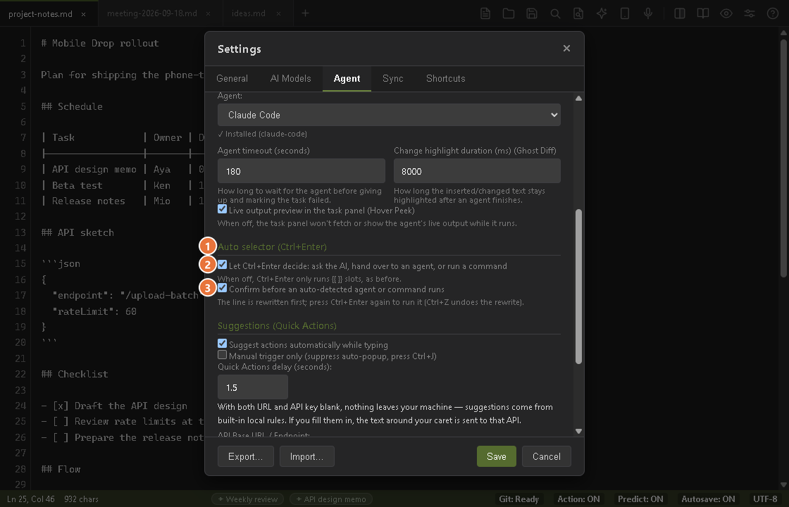 The Agent tab of the settings screen scrolled to the Auto selector (Ctrl+Enter) group, with its two checkboxes