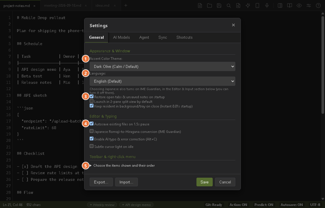 The General tab of the settings screen