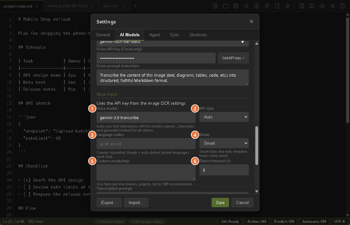 The AI Models tab of the settings screen, scrolled to the Voice input group