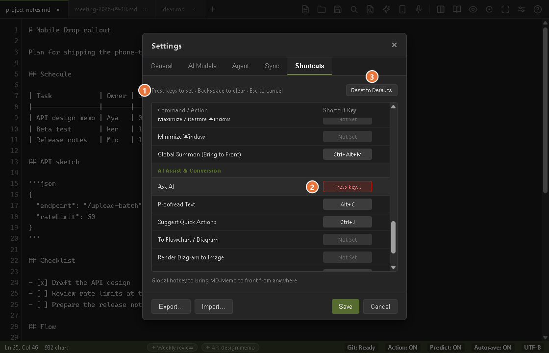 The Shortcuts tab of the settings screen, with the Ask AI row waiting for a new key