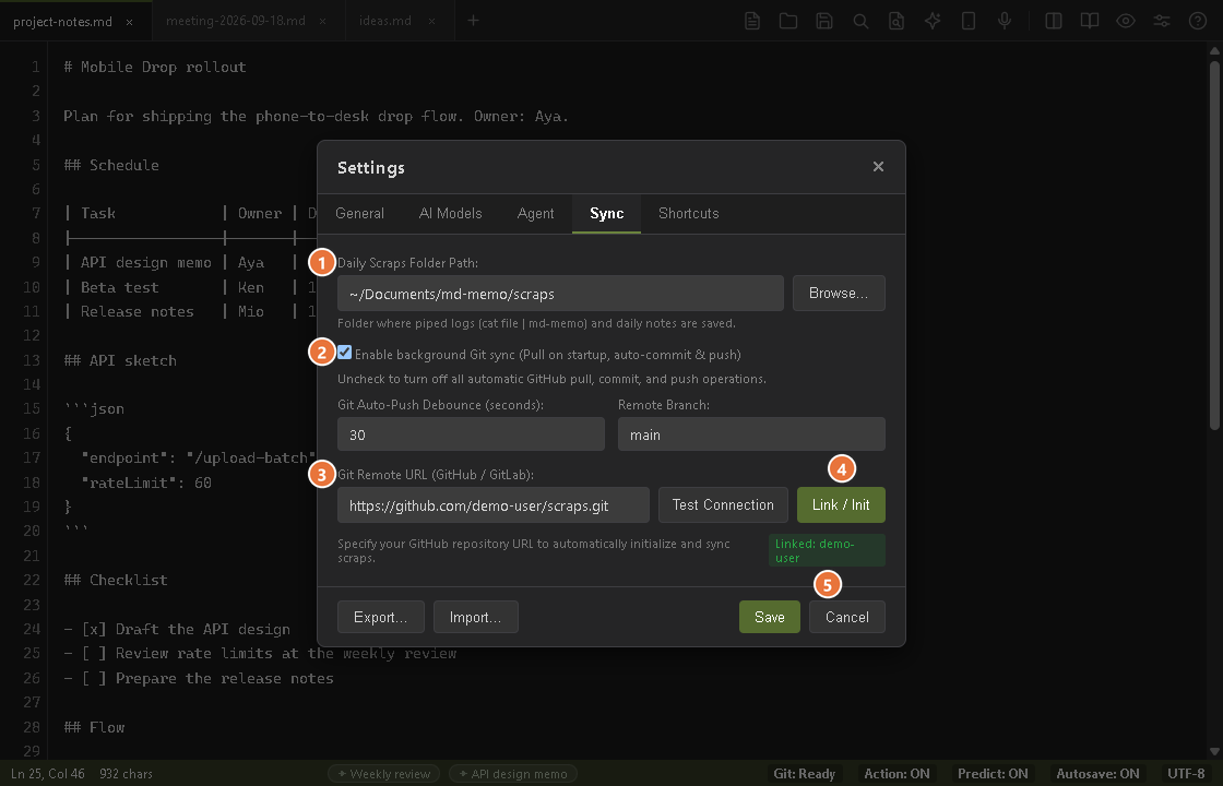 The Sync tab of the settings screen, with the scraps folder and Git settings