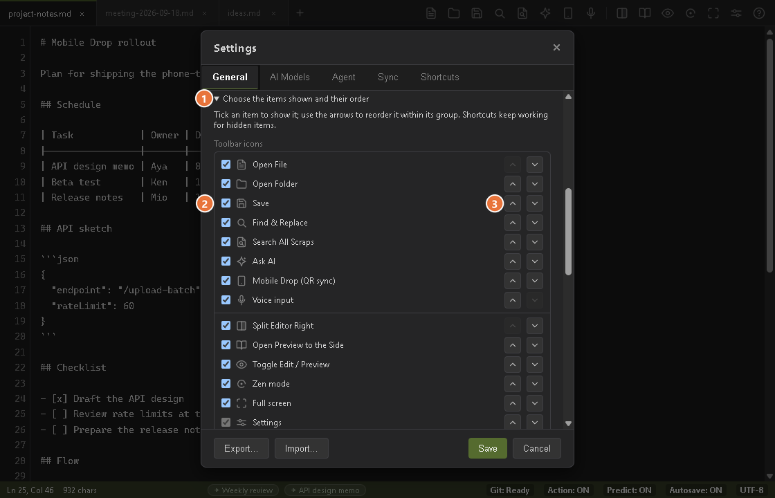 The General tab of the settings screen with the Toolbar and right-click menu section opened