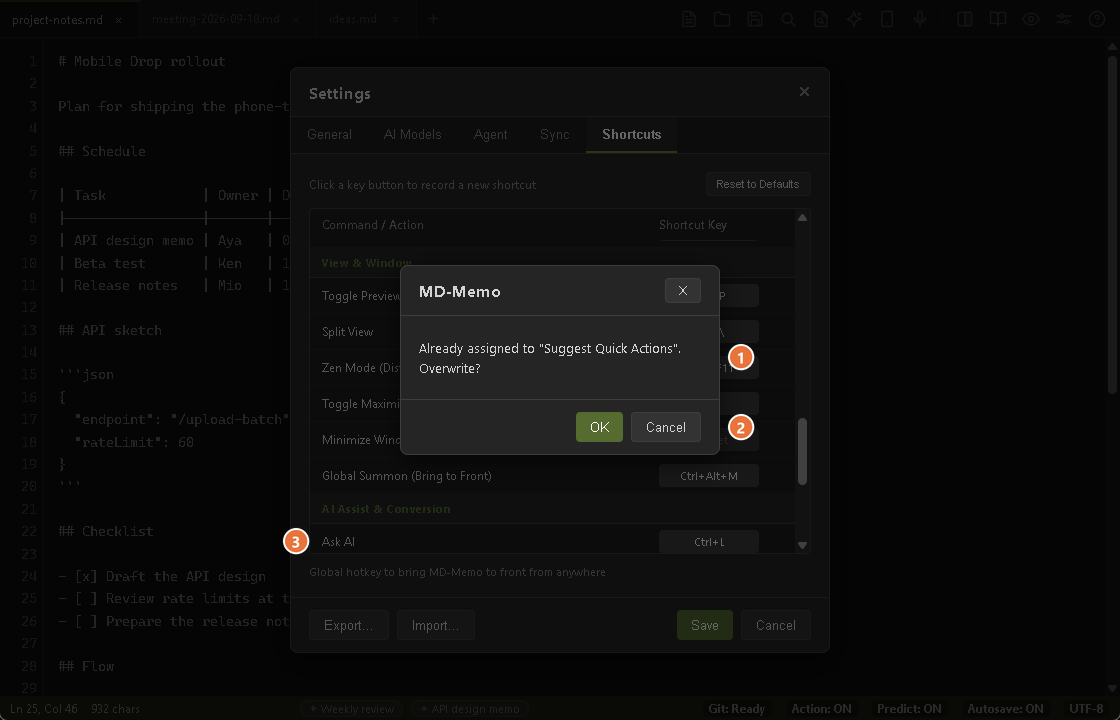 The overwrite confirmation dialog: Already assigned to "Suggest Quick Actions". Overwrite?