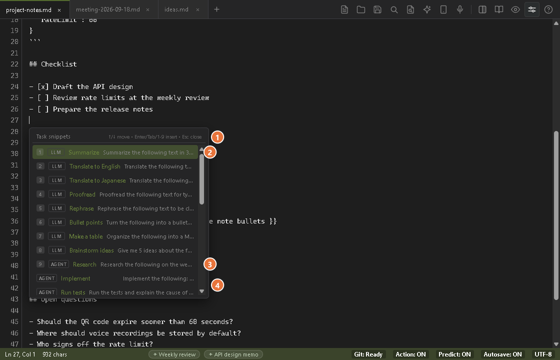 The Task snippets list opened from the command palette, with number keys, kind tags such as LLM and AGENT, names and one-line previews