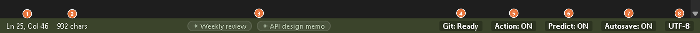 The status bar enlarged, with numbers on the caret position, character count, related-note pills, Git sync, Action, Predict, Autosave and encoding