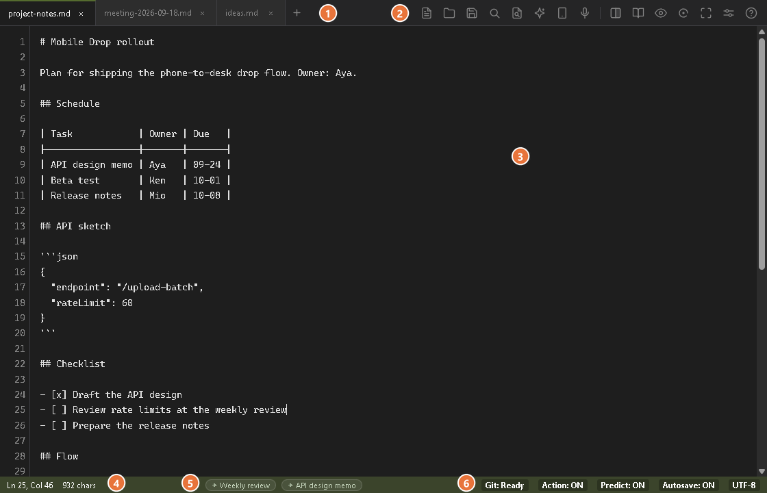 The MD-Memo main window: tab bar and toolbar at the top, an editor with line numbers in the middle, and the status bar at the bottom
