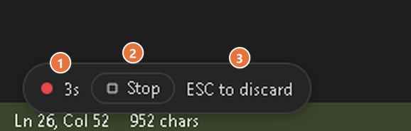 The recording indicator: a red dot with the elapsed time, the Stop button and the hint "ESC to discard"