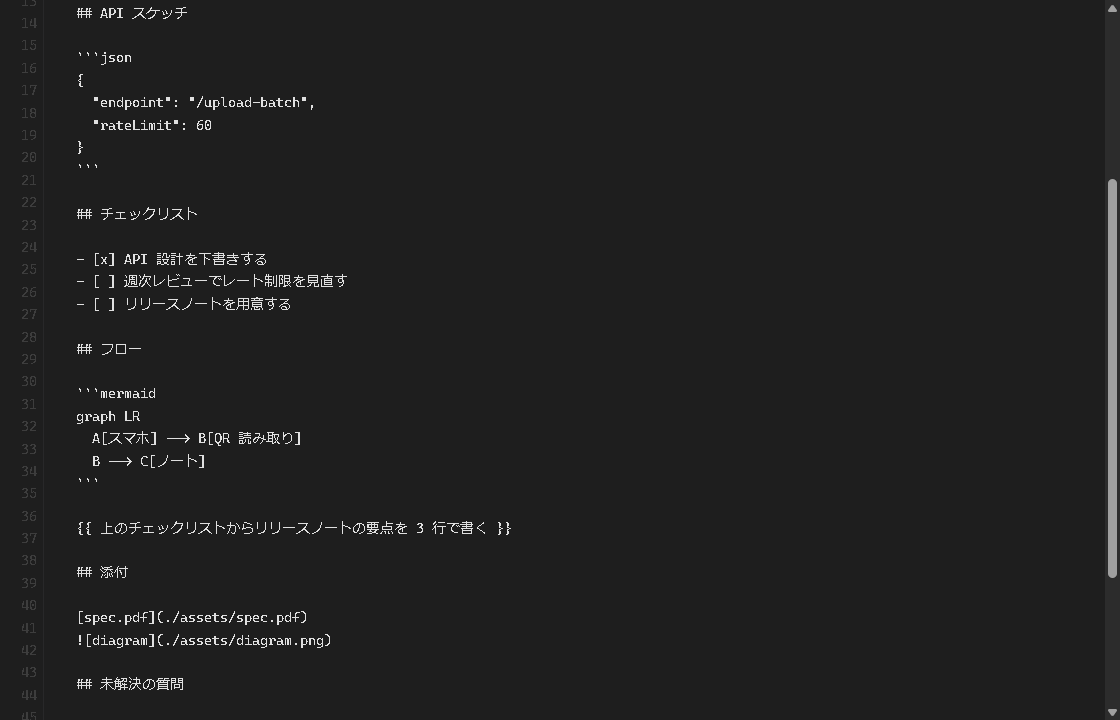 Zen モード。ツールバー、タブ、ステータスバーが隠れ、ノートだけが表示されている